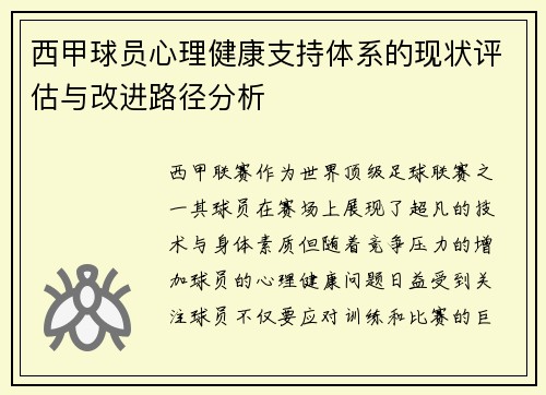 西甲球员心理健康支持体系的现状评估与改进路径分析 西甲球员心理健康支持体系的现状评估与改进路径分析